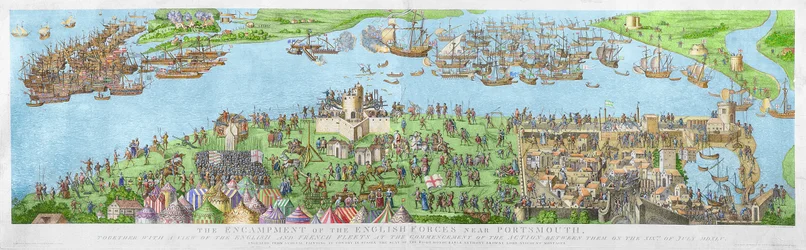 De engelske styrkenes leir nær Portsmouth under slaget ved Solent, 1778 (gravering) (senere fargelegging)